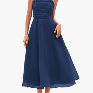 Elegant Blue Strapless Ruched A-Line Dress